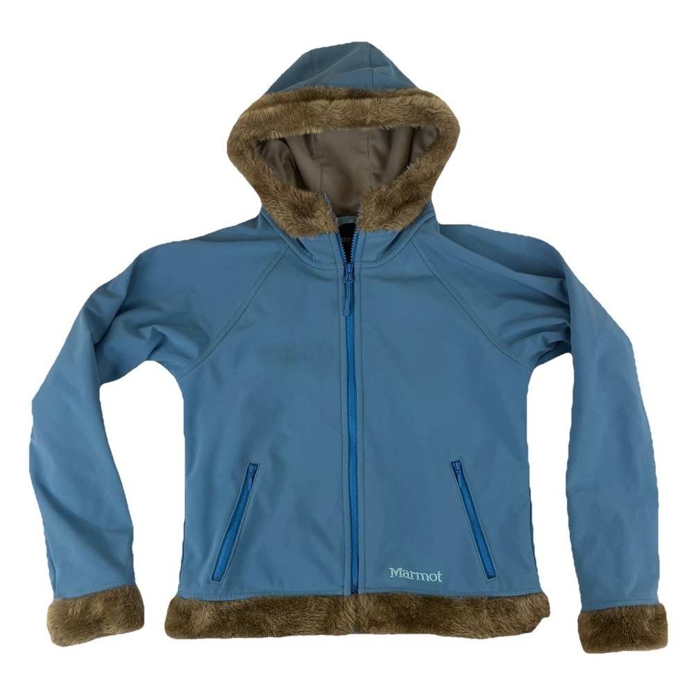 Marmot Furlong Fur Trim Hooded Softshell Jacket Womens Medium Fleece Zip Lt Blue